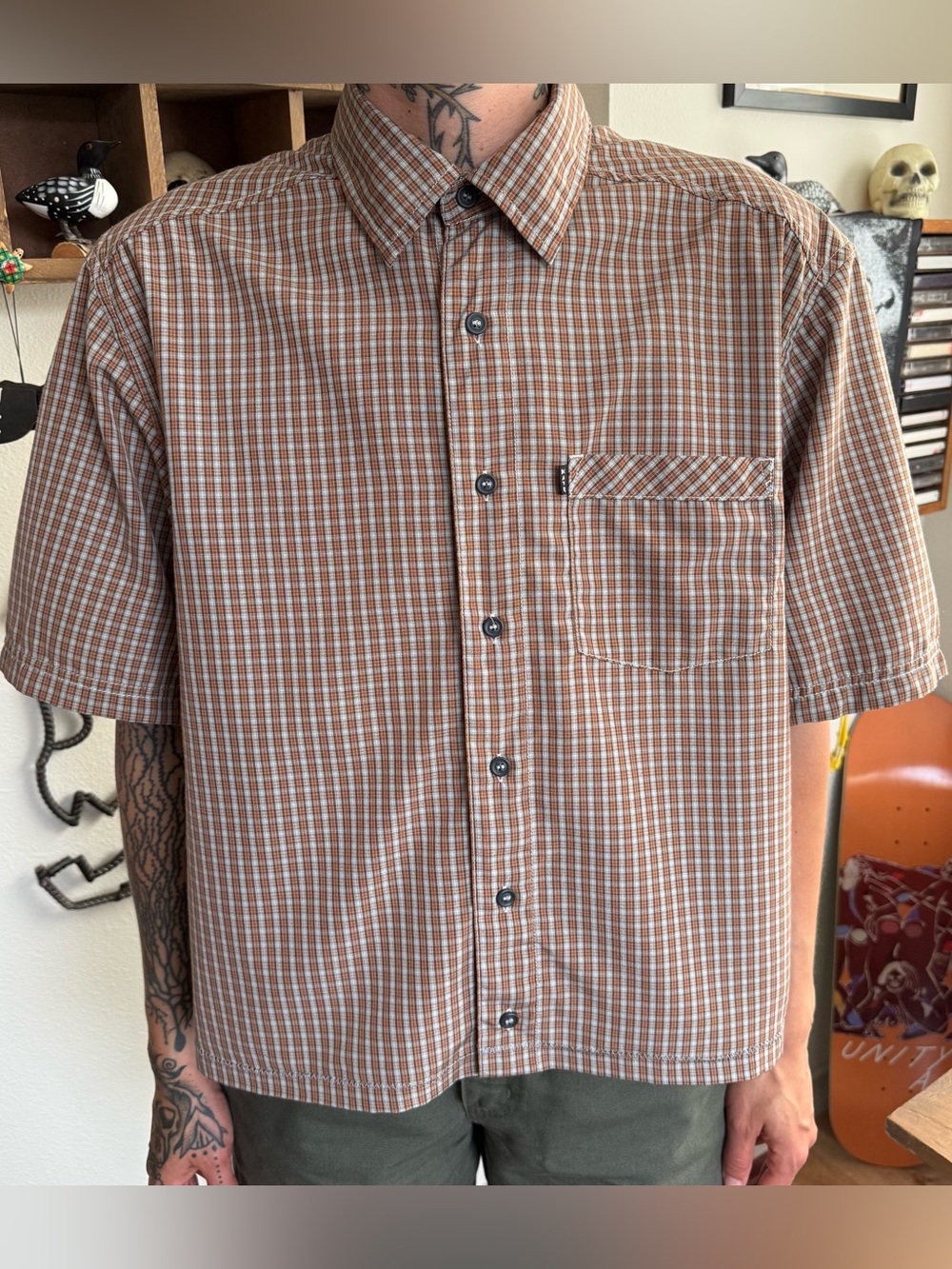 Kavu Cropped Boxy Plaid S/S Button Down Shirt ~ Size Large